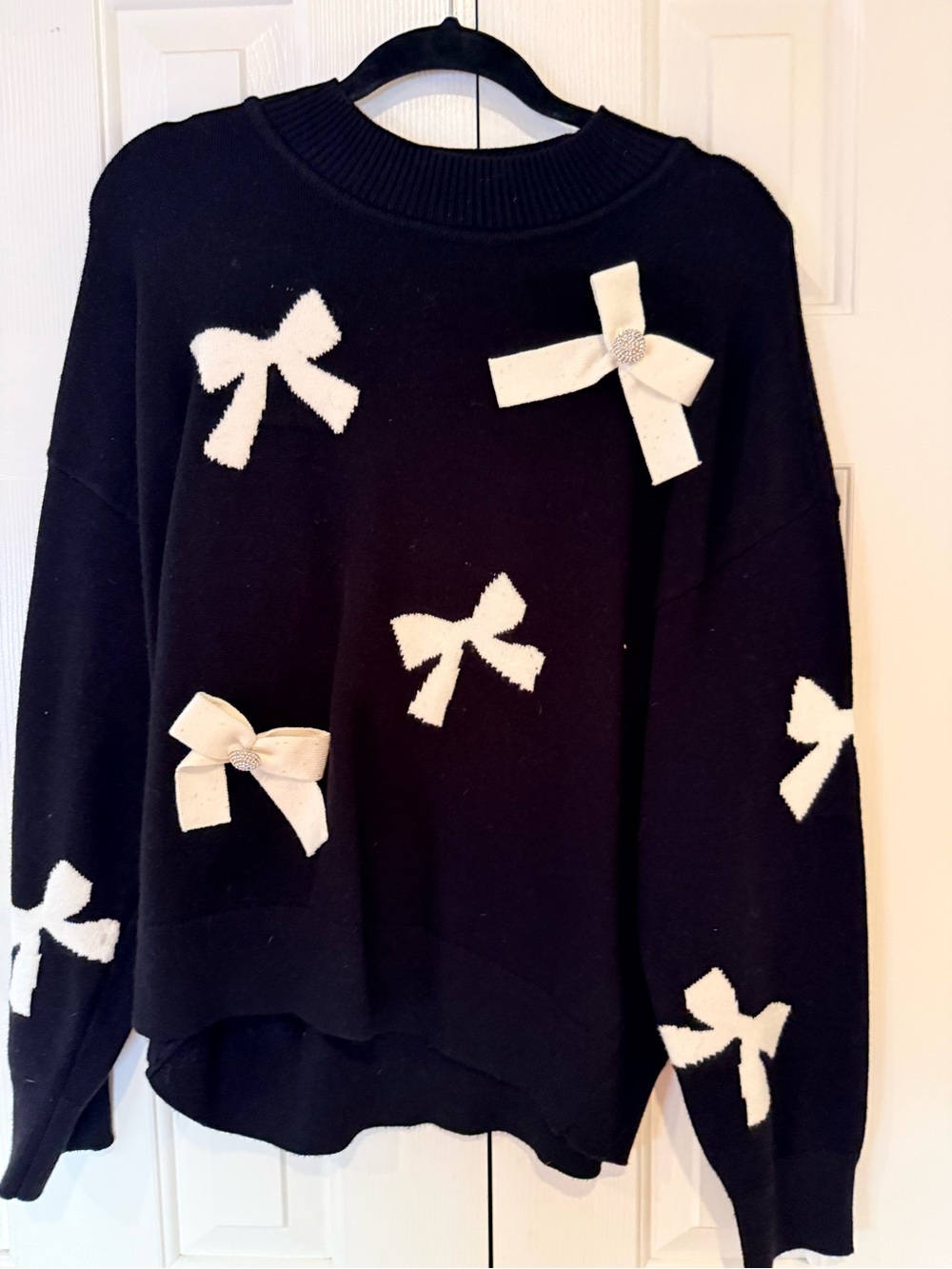 Karl Lagerfeld Black Sweater with White Bow Appliqués and Rhinestone Buttons